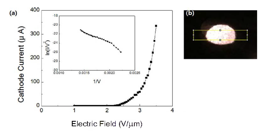 (a) CNT Yarn 에미터의 전류-전압 특성 (b) 아노드 형광막에 형성된 전자빔