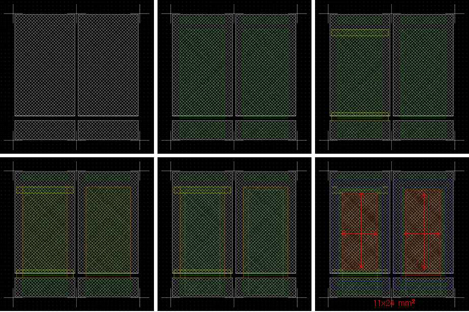 100x100mm2 대면적 lighting surface에서 40x40mm2 모듈의 보조배선, 양극, 인슐레이터, 유기물, 음극 공정 후에 형성된 11x24mm2 면적의 발광영역 까지 표현된 공정 흐름에 따른 도면