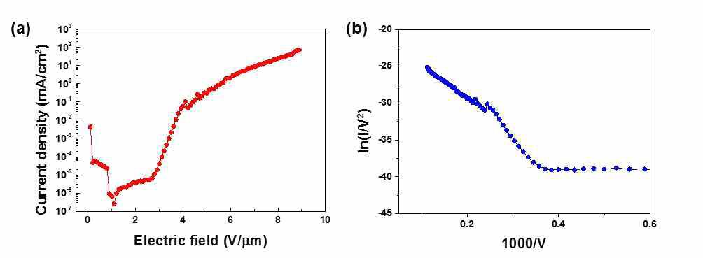 GNP 전자원의 (a) 전기장에 따른 방출전류밀도와 (b) F-N plot