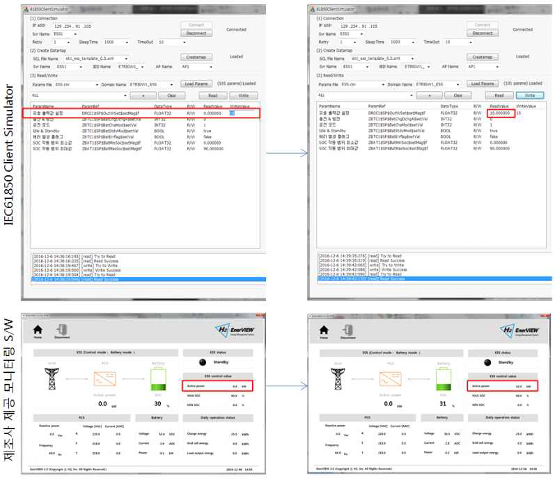 ESS 유효 출력 변경 (0kW -> 10kW) 시험 화면