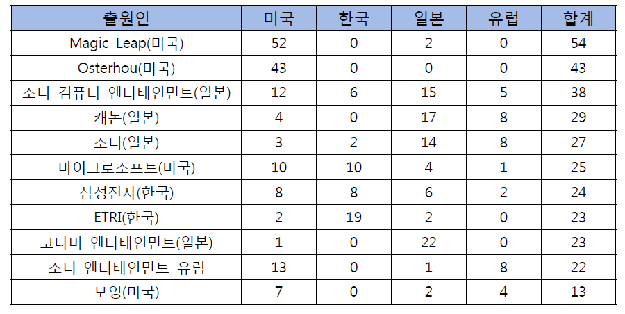 VR 주요 출원인 현황