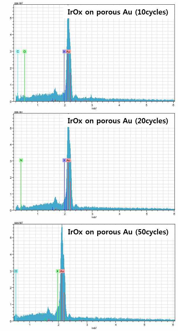 이리듐 산화물/다공성 금 나노구조체의 EDX 분석