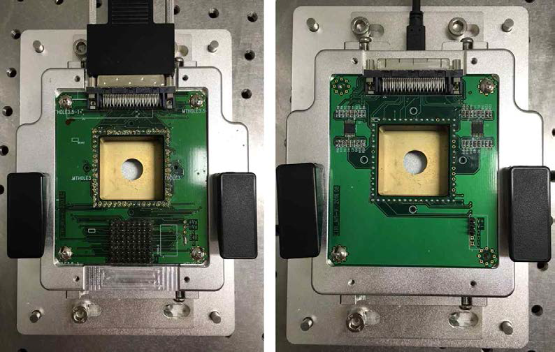 MEA probe stage, 좌)pre-amp 없는 PCB, 우) 부분 pre-amp 있는 PCB