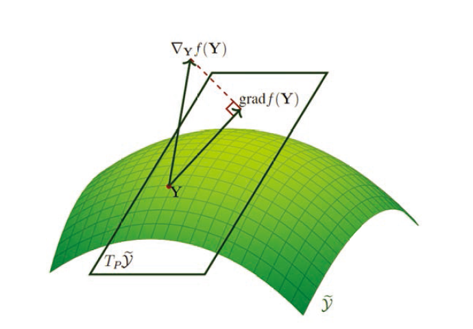 접평면 TyY위로의 유클리드 경사 ▽yf(Y)의 정사영인 리만 경사 gradf