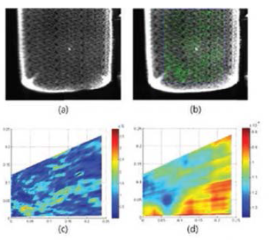 a) 반사된 물 속의 각설탕 CCTV 영상 이미지 b) 반사된 각설탕 및 schlieren 이미지 합성 c) Displacement vector 으 magnitude d) phase 이미지