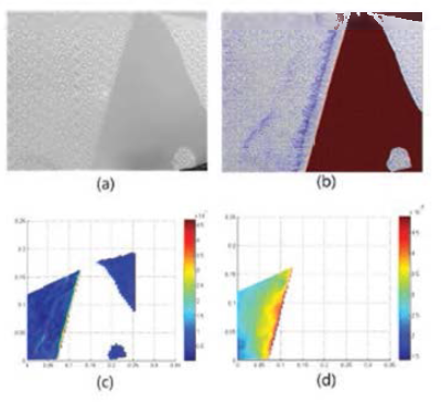 a) 반사된 다리미 CCTV 영상 이미지 b) 반사된 다리미 및 schlieren 이미지 합성 c) Displacement vector 의 magnitude d) phase 이미지