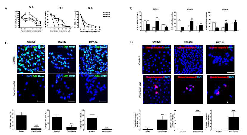 수모세포종 세포주에 panobinostat 처리후 cell viability가 감소하고 apoptosis의 증가를 확인함