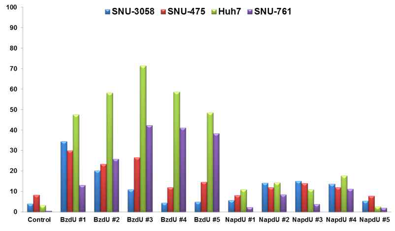 MAGE-1-특이 압타머 10종(BzdU & NapdU-library)의 간암 세포주에 대한 결합력·선택성 검증