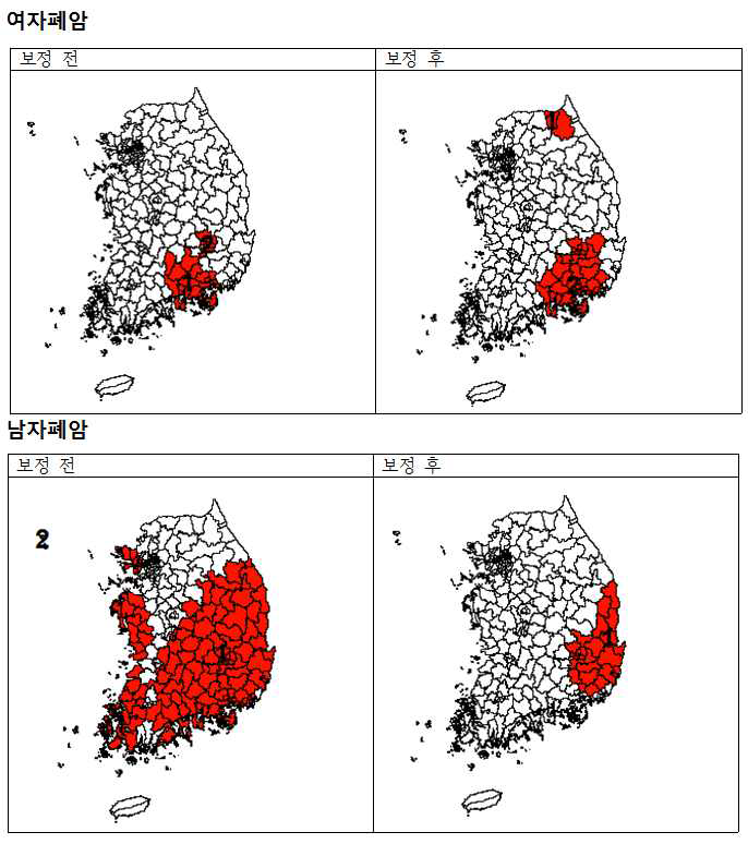 Unadjusted and Adjusted SaTScanE for female/male lung cancer in Korea