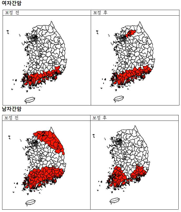 Unadjusted and Adjusted SaTScanE for female/male liver cancer in Korea.