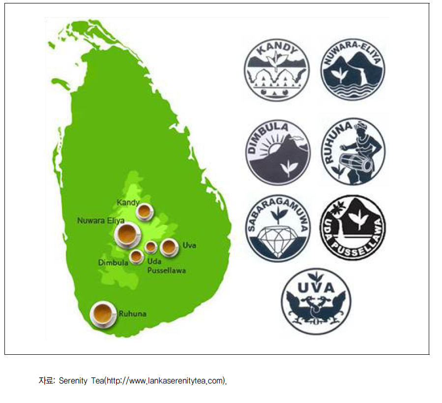 스리랑카 주요 차 생산지의 위치와 생산지로고