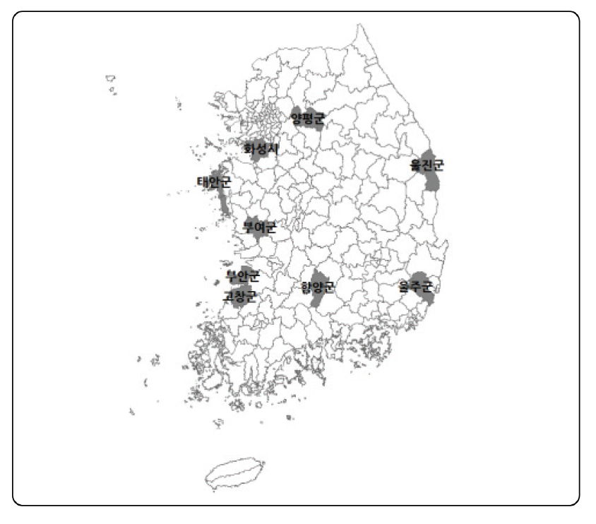 2차년도 사례 마을이 위치한 시‧군 분포
