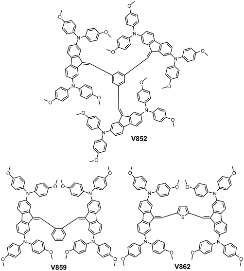 Structures of the investigated fluorene-based hole transporting materials V852, V859, V862.