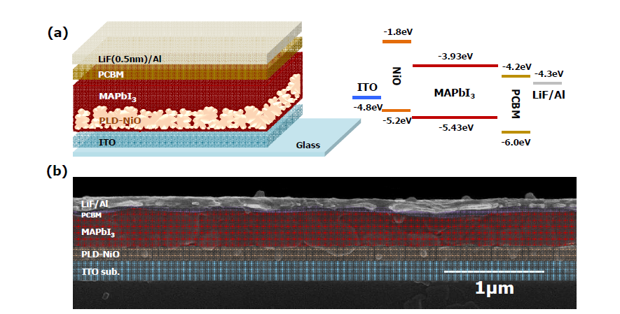 (a) NiO를 hole transporting layer (HTL)로 사용한 MAPbI3 기반의 태양전지 소자의 구조, (b) 구성 물질들의 energy level, (3) 단면 전자현미경 사진