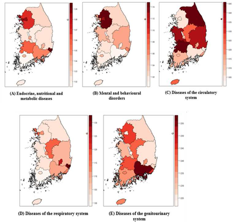 The spatial distribution of overall cumulative relative risks of 99th percentile versus minimum morbidity temperature on disease groups