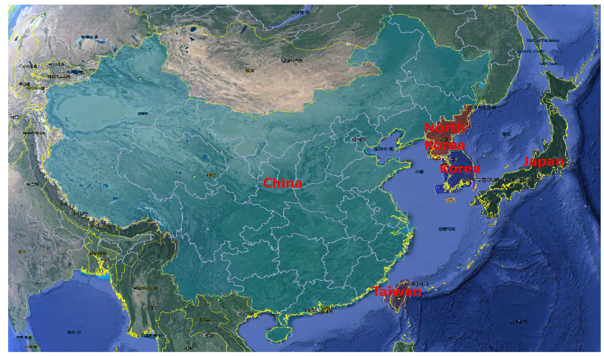 Residence time analysis를 실시하기 위해 구분한 주요 아시아 지역