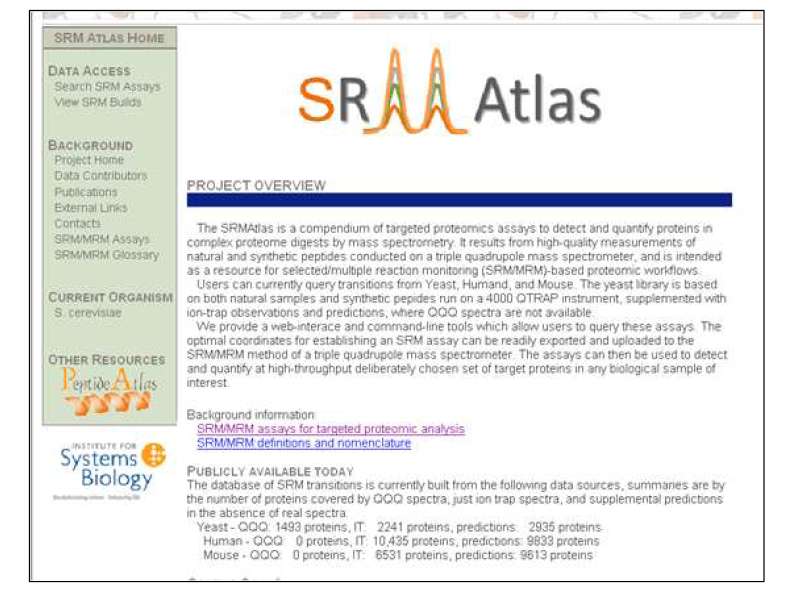 인간 단백질에 대한 MRM 정보가 담겨 있는 아틀라스 웹사이트 (www.srmatlas.org)