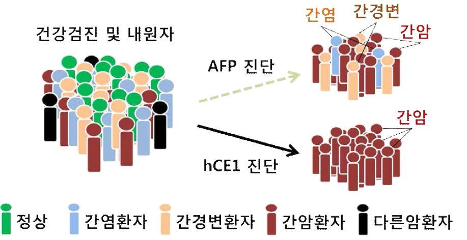 암진단 예시: 전체 내원환자에서 AFP 및 hCE1의 간암 진단율 비교