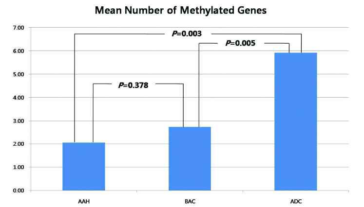 Comparison of mean numbers of methylated genes of the 18 CpG island loci in atypical adenomatous hyperplasia (AAH, n = 20), bronchioloalveolar carcinoma (BAC, n = 30) and invasive adenocarcinoma (ADC, n = 60) tissue samples. The significance (p) after Pearson chi-squared test analysis is shown.