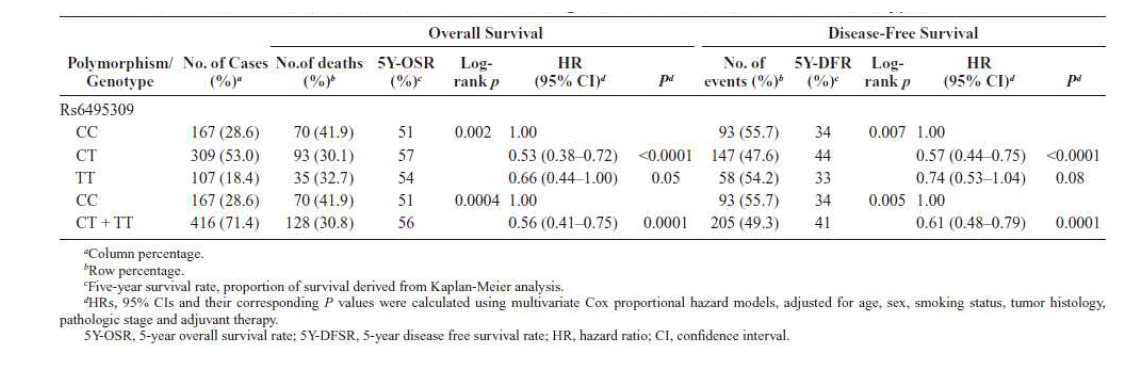 Overall Survival and Disease-Free Survival According to the CHRNA3 rs6495309 C>T Genotypes