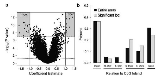 Results from the locus-by-locus examination of differential methylation between right- and left-colon adenomas. (a) Volcano plot based on the locus-by-locus analysis. Points represent the –log10(P-value) obtained from testing the difference in methylation between right- and left-colon adenomas, adjusted for subject age and gender. Dotted line indicates –log10(0.05) and the dashed line represents the Bonferroni threshold (ie, – log10(0.05/no. of tests)). (b) Distribution of significant probes (those significant at the Bonferroni threshold) across CpG islands, shores, shelves, and oceans