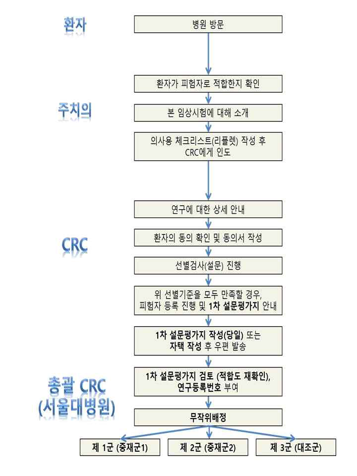 환자 모집 및 무작위 배정 흐름도