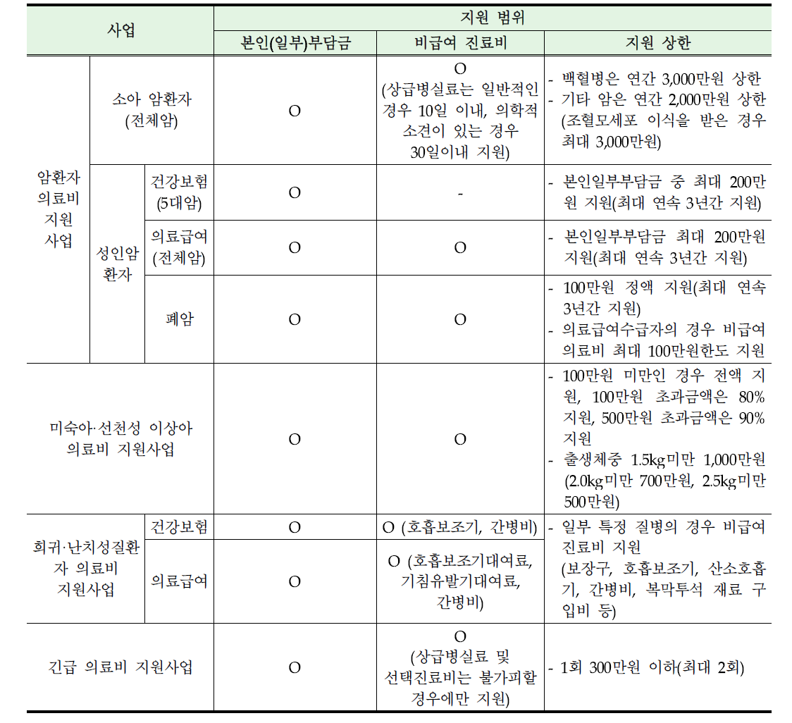 국가 의료비 지원 사업별 의료비 지원 범위와 지원 상한