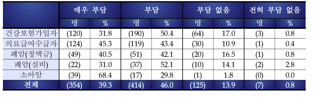 암치료비로 인한 경제적 부담 정도