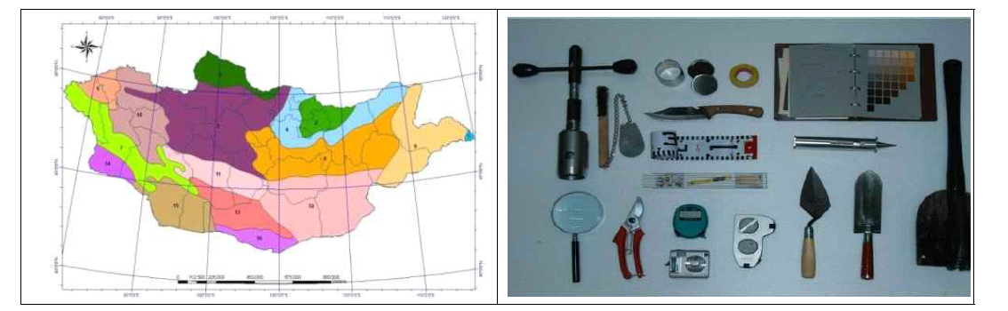 몽골의 식생대(좌)와 산림토양 조사 장비