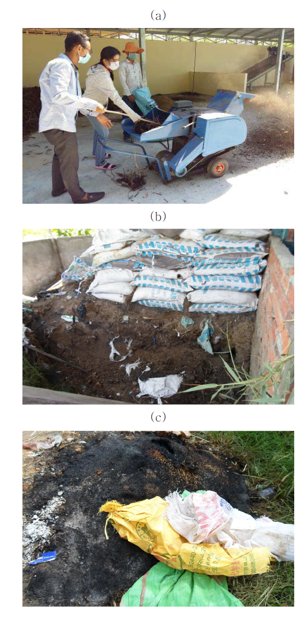 토양 투입 유/무기 자재 준비; (a) 부레옥잠 절단; (b) 퇴비; (c) biochar.