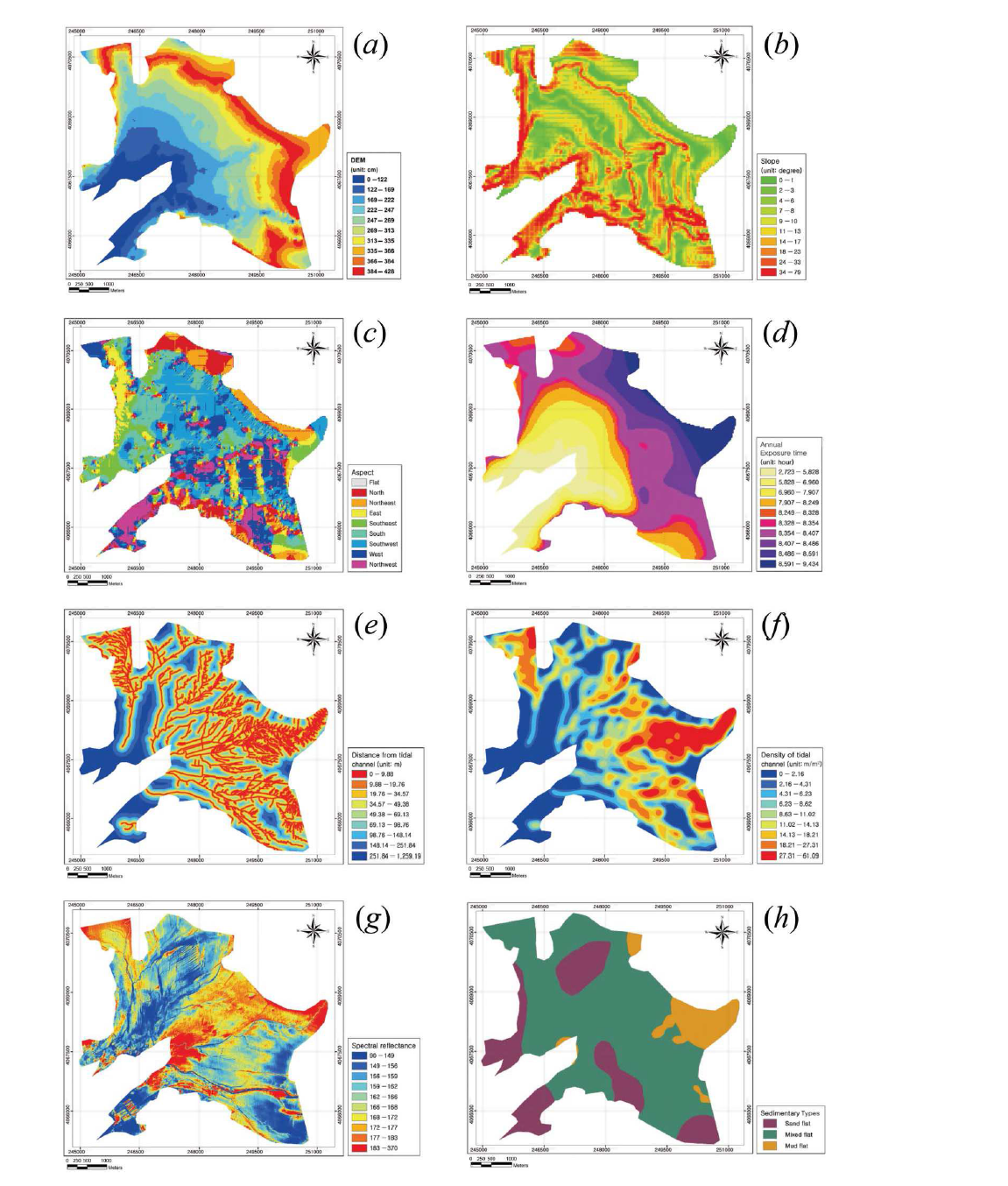 태안 근소만 갯벌의 다양한 주제도; (a)DEM, (b)경사도, (c)경사방향, (d)노출시간, (e)조류로 거리도, (f)조류로 밀도도, (g)NIR 밴드 반사도, (h)퇴적상