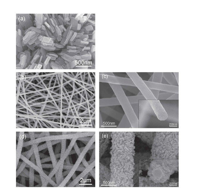 SEM images for (a) CuO, (b-c) CNF, and (d-e) CuO/CNF.