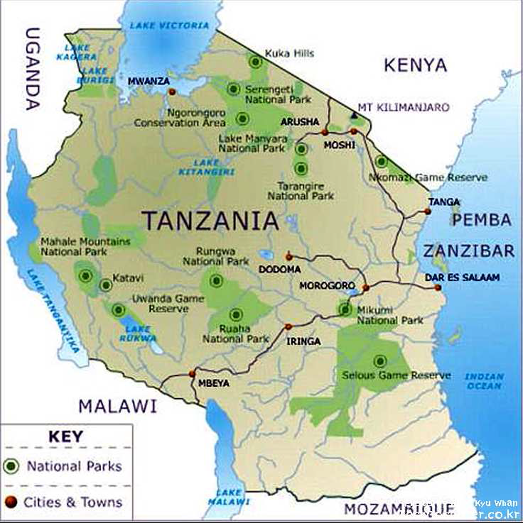 동부 아프리카의 탄자니아 지도