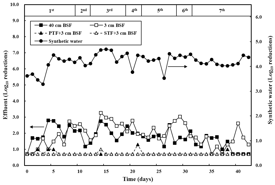 Removal of E.coli B by the four systems.