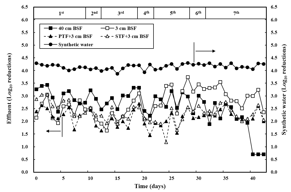 Removal of bacteriophage MS2 by the four systems.