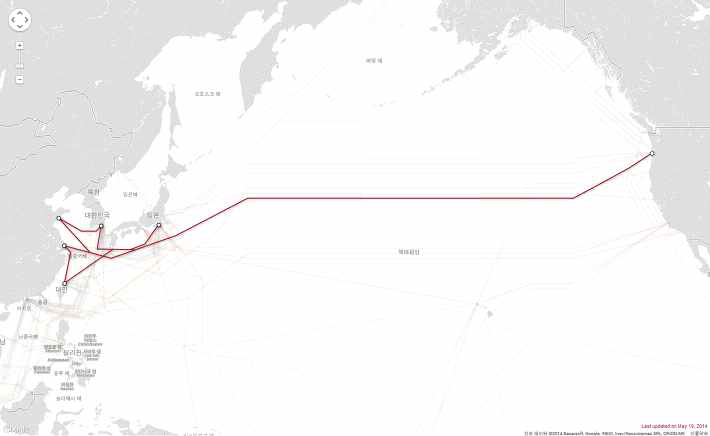 중국, 대만, 한국, 일본, 미국을 연결하는 Trans-Pacific Express (TPE) Cable System 망