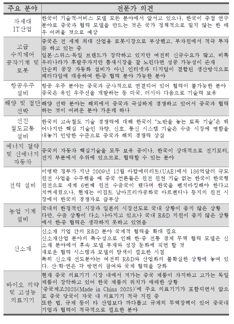 중국 10대 중점산업의 한국의 협력 가능한 분야 전문가 의견