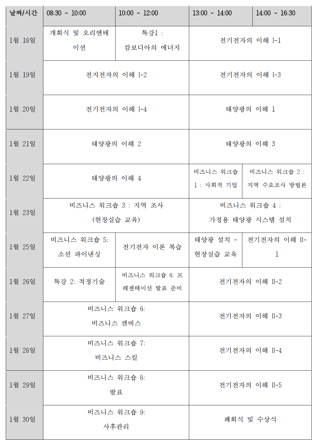 강의 구성 시간표