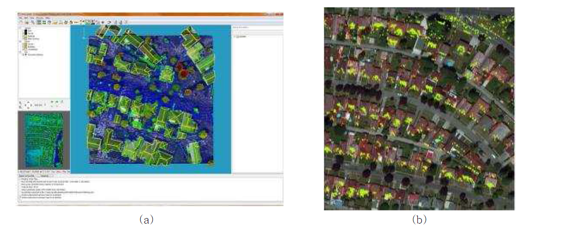 (a) 미국 워싱턴 지역의 구축된 라이다 자료 예시 (b) 이상적인 태양광 패널 설치 건물 부분 (Collins, 2014)