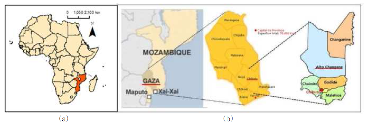 (a) 모잠비크 위치 (b) 지리적 현황 (모잠비크 가자주 시부토군, 알토샹가네면)