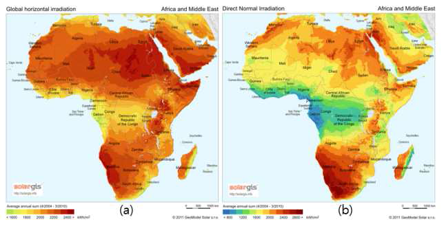(a) 아프리카 전체 수평면 전일사량 지도 (b) 아프리카 전체 법선면 직달일사량 지도 (출처 : http://solargis.info)