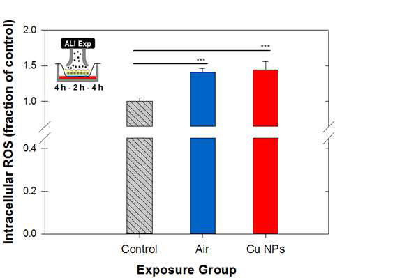 Intracellular ROS generation for control (incubator), air (particle-free), and Cu NP exposure groups for A549 cells sequentially exposed at the air-liquid interface (ALI) as evaluated by fluorescence detection with Carboxy-H2DCFDA