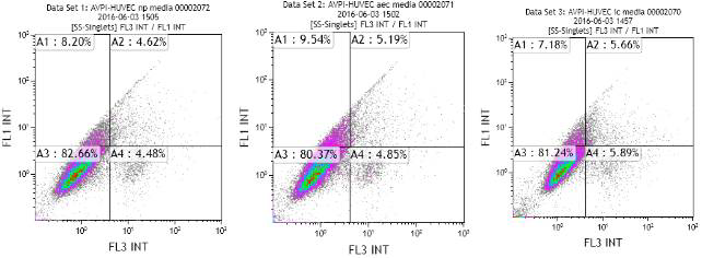 FACS analysis using Annexin V and propidium iodide for HUVEC cells cultured in control (incubator), air (particle-free), or Cu NP 4-2-4 exposure medium