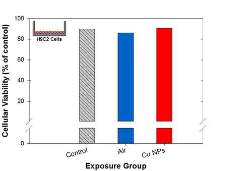 Cell viability determined by FACS analysis for H9C2 cells cultured in control (incubator), air (particle-free), or Cu NP 4-2-4 exposure medium