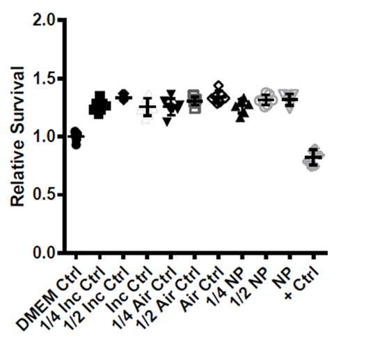 Cell viability determined by Presto Blue Viability Reagent in H9C2 rat cardiomyoblasts cultured in control (incubator), air (particle-free), or Cu NP 4-2-4 exposure medium