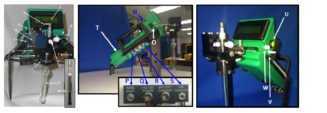 미국의 Defiant Technologies 사가 개발한 μGC 시스템 (FROG-4000): A. scrubber, B. load/analyze valve, C. display screen, D. sparge-air line, E. sparge-valve, F. flow selection-valve, G. sparge manifold, H. pump vent orifice, I. pump air supply line, J. sample inlet, K. sparge bottle with PEEK tube, L. sparge bottle nut, M. 5 mL syringe to load sample, N. USB port for stored chromatograms, O. power switch, P. port for serial data plug, Q. port for 9 V power plug, R. port for battery charge plug, S. port for air sampler plug, T. battery, U. start button, V. pump inlet for carrier/sparge gas, W. exhaust from gas analysis module