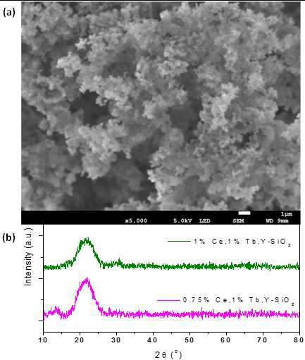 SEM image and XRD of the SiO2 doped with Ce3+,Tb3+