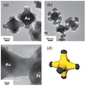 백금이 과성장 한 팔면체 금 나노입자(a)와 CN-을 통해 선택적으로 금을 침출시킨 입자(b),(c).