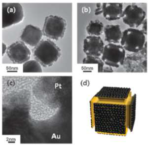 백금이 과성장 한 육면체 금 나노입자(a)와 CN-을 통해 선택적으로 금을 침출시킨 입자(b),(c).