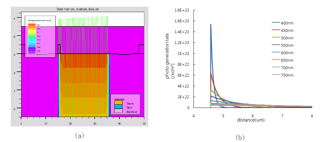 (a) TCAD LUMINOUS를 이용한 ray tracing과 파장에 따른 (b) photo-generation rate